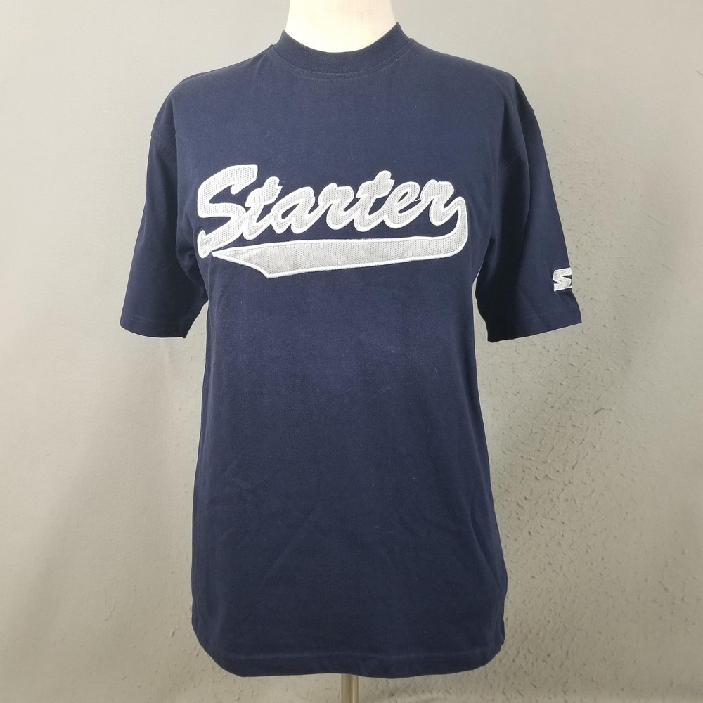 Starter Shirt Mens Medium Blue Script Logo Applique Graphic Tee Cotton Crewneck